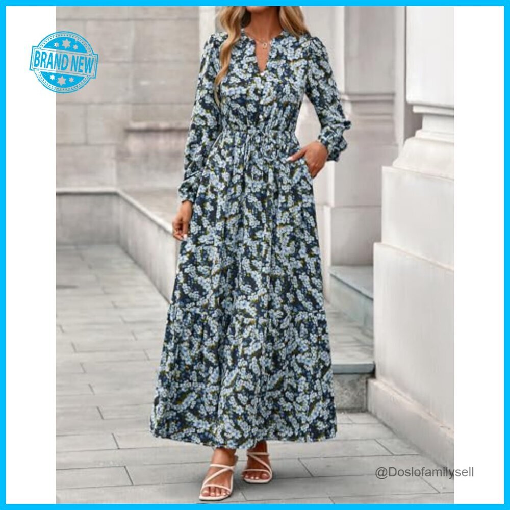 Boho Maxi Dress Floral Long Sleeve V-Neck Button Pockets Flowy Wedding Guest - Picture 4 of 7